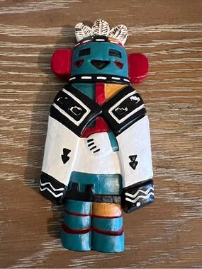 Handpainted Turquoise & Red Kachina Folk Art Wall Hanger